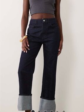Dark Blue High-Rise Wide Cuff straight jeans Never Worn